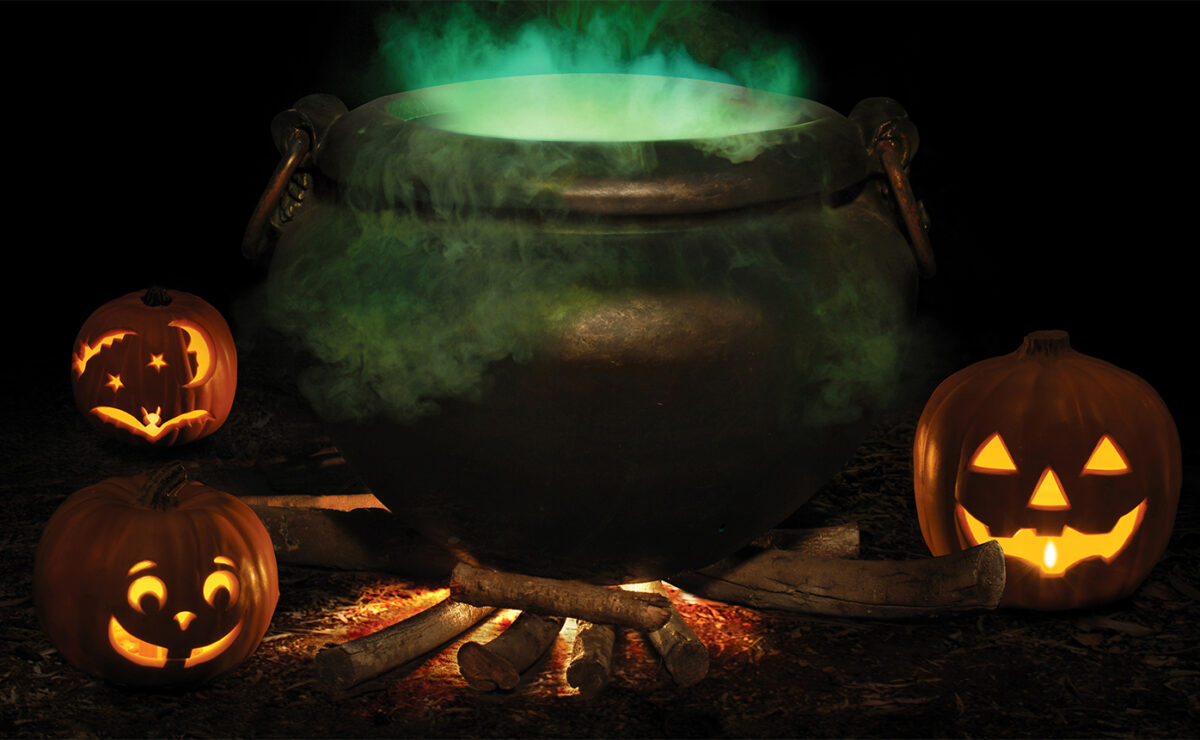 Pumpkins and caldron, representing Descanso Gardens Carved 2024 Halloween tour.